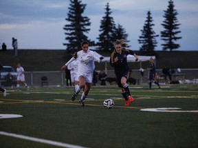 Tournament all-star Laura Kautz in action for the NAIT Ooks as they took a 4-0 loss against the talented Garneau Elans in the Canadian college women’s soccer final at Medicine Hat. (Supplied)