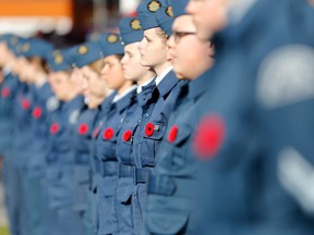 Cadets in Trenton watch the Remembrance Day ceremony at the Cenotaph on Tuesday. (Emily Mountney-Lessard/QMI Agency)
