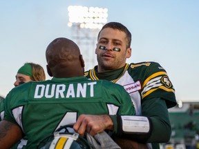 Saskatchewan Roughriders quarterback Darian Durant and Edmonton Eskimos quarterback Mike Reilly (Reuters)