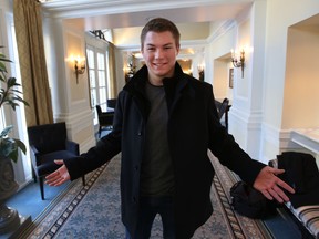 Curtis Lazar poses in a hallway at the Hotel MacDonald Wednesday. (Perry Mah, Edmonton Sun)