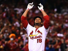 St. Louis Cardinals outfielder Oscar Taveras (18) celebrates after hitting a solo home run against the San Francisco Giants during Game 2 of the NLCS at Busch Stadium. (Jasen Vinlove/USA TODAY Sports)