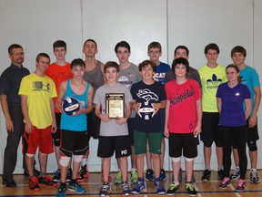 The Parkside Collegiate Institute junior boys volleyball team. Front row: Neal Bennett, left, Derek MacDonald, Jack Ferguson, Aaron Houghton, Jeff Edmiston, and coach Ms. Cardy. Back row: Coach Monsieur Dlouhy, Jake Burke, Owen Henderson, Clayton Sturk, Jordan Farnell, Nicholas Sturk, Joseph Muma and Myles Carlson. Absent were coaches Selena Kennedy and Nick Tales. 

Ben Forrest/Times-Journal