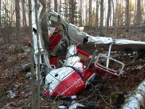 Two men are dead after this Cessna 150 crashed in the area of Algonquin Provincial Park, north of Bancroft Tuesday night, Nov. 11, 2014. - OPP HANDOUT