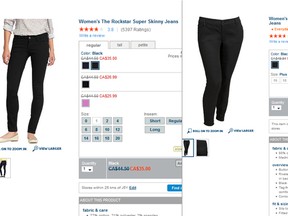 This combinations image shows a the regular price for Old Navy's women's Rockstar skinny jeans, left, is priced slightly lower than on its Women's Plus version on its Canadian website. (Old Navy screenshot)