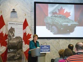 Public Works Minister Diane Finley announces a $287-million contract at General Dynamics Land Systems in London Thursday that will sustain 60 full-time jobs in London. (DEREK RUTTAN, The London Free Press)