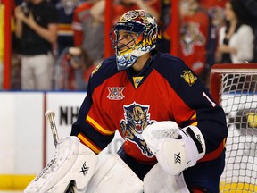 Florida Panthers goalie Roberto Luongo (1) before a game against the Buffalo Sabres at BB&T Center on Mar 7, 2014 in Sunrise, FL, USA. (Robert Mayer/USA TODAY Sports)