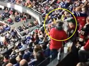 A Leafs fan pours a beer on a Senators fan before another Leafs fan lunges at him during the Toronto-Ottawa game on Sunday, Nov. 9, 2014.
