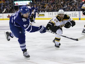Leafs sniper Phil Kessel can really turn on the wheels. He scored a pair versus the Boston Bruins on Wednesday night. (Craig Robertson/Toronto Sun)