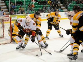 The Kingston Frontenacs outshot the Belleville Bulls 40-26 during Ontario Hockey League action on Wednesday night, but lost 3-2 in a shootout. (Don Carr/Special to QMI Agency)