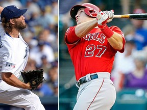 Los Angeles Dodgers starting pitcher Clayton Kershaw (left) and Los Angeles Angels centre fielder Mike Trout were named NL and AL MVP award winners Thursday, Nov. 13, 1014. (USA TODAY Sports photos)
