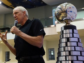 Bill Walton addresses the crowd at Ryerson's Mattamy Athletic Centre on Nov. 13, 2014 as details of the 2015 CIS Final 8 men's basketball tournament were announced.