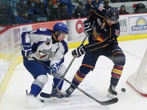Sudbury Wolves' Jake Harris (16) in action against the Barrie Colts last week. GINO DONATO/THE SUDBURY STAR