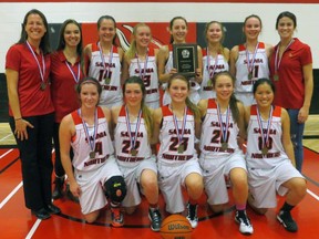 The Northern Vikings won their second-straight junior girls basketball SWOSSAA title by defeating Windsor's Riverside Rebels Wednesday night in Sarnia. Back row from left are head coach Shelley Pretty, assistant coach Lauren Tobey, Cayleigh Beaton, Madison Sawatzky, Abby Whiteye, Amber Harding,  Avery Bathe-Minard and assistant coach Cassidy Crowe. Front row from left to are Meghan Jackson, Marissa Mara, Skyla Minaker, Stephanie Shaw and Grace McClure. (SUBMITTED PHOTO)