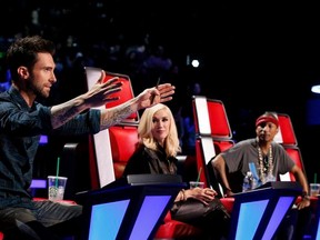 The Voice judges, from left to right,  Adam Levine, Gwen Stefani, Pharrell Williams, and Blake Shelton (not shown). (Trae Patton/NBC)