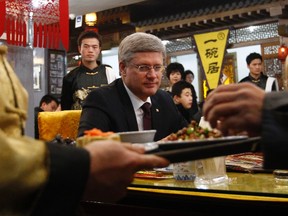 WIREPHOTOSOFTHEWEEKFEB10--Canada's Prime Minister Stephen Harper sits down for lunch at a restaurant in Beijing February 9, 2012.       REUTERS/Chris Wattie       (CHINA - Tags: POLITICS)