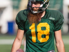 Edmonton Eskimos punter/kicker Hugh O'Neill (18) is seen at practice at Commonwealth Stadium in Edmonton, Alta., on Wednesday, Sept. 17, 2014. The CFL team plays the Hamilton Tiger-Cats in Hamilton on Sept. 20. Ian Kucerak/Edmonton Sun