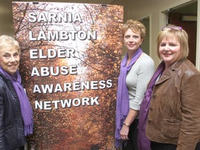 Organizers of a Friday workshop for healthcare workers on elder abuse pose for a photo, wearing purple for cause awareness. From left are Agnes Soulard, Mary Ann Shaule and Lorri Kerrigan. Not pictured is Christy Primmer. TYLER KULA/ THE OBSERVER/ QMI AGENCY