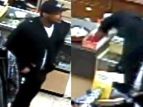 Durham Regional Police released these surveillance photos Friday of a man allegedly stealing a poppy box from a Bowmanville St. Vincent de Paul store on Nov. 6, 2014.( DRPS photo)