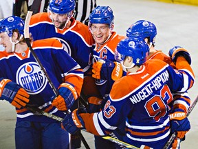 Oilers defenceman Jeff Petry celebrates his game-tying goal against the Ottawa Senators (Codie McLachlan, Edmonton Sun).