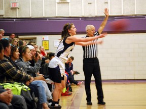 East Elgin's Chelsea Allen inbounds the ball Friday against the Lucas Vikings in the WOSSAA 'AAAA' senior girls basketball tournament at East Elgin Secondary School in Aylmer. (Ben Forrest, Times-Journal)