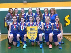 The Lo-Ellen Knights senior girls basketball team celebrates their AAA NOSSA title win Saturday in North Bay.