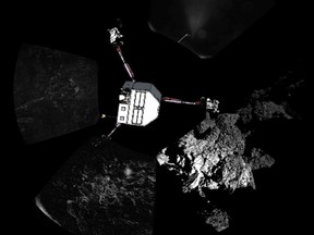 A panoramic image of the surface of Comet 67P/Churyumov-Gerasimenko captured by Rosetta's lander Philae's CIVA-P imaging system, with a sketch of the lander in the configuration the lander team currently believe it is in superimposed on top, is seen in this European Space Agency (ESA) handout image released Nov. 13, 2014.  REUTERS/ESA/Rosetta/Philae/CIVA/Handout