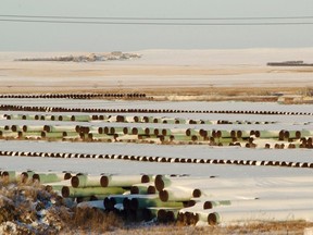 A depot used to store pipes for Transcanada Corp's planned Keystone XL oil pipeline is seen in Gascoyne, N.D. Nov. 14, 2014.  REUTERS/Andrew Cullen