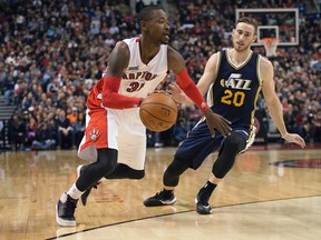 Toronto Raptors forward Terrence Ross drives against Utah Jazz forward Gordon Hayward during the second quarter in a game at Air Canada Centre on Nov. 15. (USA Today Sports)