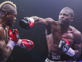 Brampton's Denton Daley throws a punch against France's Youri Talenga on Nov. 15 at the Hershey Centre. (Dave Thomas, Toronto Sun)