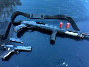 Edmonton police took over $21,000 worth of GHB — commonly referred to as the “date rape drug” — off the street following a routine traffic stop in west Edmonton Saturday afternoon. A sawed off shotgun, a .22 calibre handgun and ammunition were also seized in another traffic stop. Twitter/ @CstPower