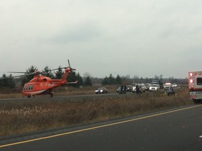 A woman and her 10-year-old child were spared serious injury thanks to alert passersby when their vehicle rolled onto its side Sunday afternoon. Ottawa Fire Services and paramedics were called to Hwy. 416 near Barnsdale Road at about 2:15 p.m. Drivers who witnessed the accident stopped to help by holding the vehicle on its side — preventing it from completely rolling onto its roof.
Submitted photo by Ward Powell
OTTAWA SUN/QMI AGENCY