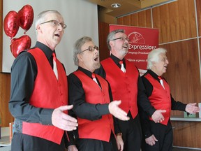 Members of the Martellos quartet of the Kingston Townsmen Chorus, from left David Fewtrell, Frank Pinch, Ken Hancock and Gerry Goebel, perform at the KFL&A; Public Health after donating $3,000 to the children's hearing programs. FRI., NOV. 14, 2014 KINGSTON, ONT. MICHAEL LEA THE WHIG STANDARD QMI AGENCY
