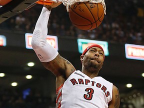 James Johnson was injured in the Raptors game against the Utah Jazz on Saturday night. The severity of the injury has yet to be determined. (Michael Peake/Toronto Sun)
