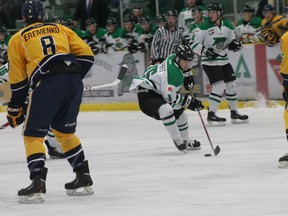 Thunder centre Jordan Taupert moves the puck up the ice during AJHL action against the Grande Prairie Storm at the Drayton Valley Omniplex on Nov. 11.