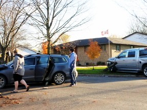 The aftermath of a two-vehicle collision at the corner of Wellington Street and Henry Street in Mitchell last Tuesday, Nov. 11 saw minor injuries as a result. The 31-year-old driver of the Volkswagen was charged with disobey stop sign. SUBMITTED