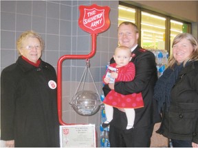 The Salvation Army Kettle Campaign has begun. The goal for this year’s campaign is $71,500. Pictured here are long serving volunteer Lucy Martin, Lieut. David Hickman and her Lily and Jennifer Barnes-Siebert, volunteer coordinator. (Contributed photo)