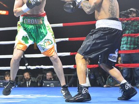 Belleville native Tim Cronin scores a right on his way to a unanimous decision over Jay Alexander of Orangeville in their light-heavyweight boxing match Saturday in Mississauga. (Blair Diamond photo)