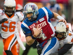 The Alouettes' Tanner Marsh carries the ball during Montreal's 50-17 win over the B.C. Lions on Sunday. (Johnay Jutras/QMI Agency)