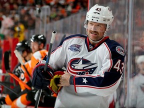 Scott Hartnell of the Columbus Blue Jackets looks on before a faceoff in the first period against the Philadelphia Flyers on November 14, 2014 at the Wells Fargo Center. (Elsa/Getty Images/AFP)