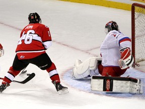 Team OHL's  Max Domi scores his second goal against Team Russia goalie Denis Kostin during Game 4 of the 2014 Subway Super Series at the Rogers K-Rock Centre in Kingston on Monday, Nov. 17, 2014.(IANMACALPINE-KINGSTON WHIG-STANDARD/QMI AGENCY)