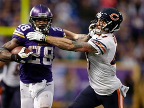 Minnesota Vikings running back Adrian Peterson (28) pushes off Chicago Bears safety Chris Conte in this December 1, 2013 file photo in Minneapolis, Minnesota. (Bruce Kluckhohn/USA TODAY Sports/Files)