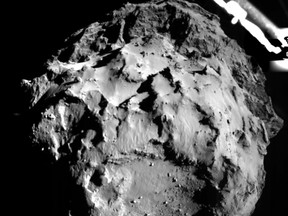 Comet 67P/CG, acquired by the ROLIS instrument on the Philae lander during descent from a distance of approximately 3 km (1.86 miles) from the surface is pictured in this November 12, 2014 European Space Agency (ESA) handout image. The ESA landed the probe on the comet on Wednesday, a first in space exploration and the climax of a decade-long mission to get samples from what are the remnants of the birth of Earth's solar system. REUTERS/ESA/Rosetta/Philae/ROLIS/DLR/Handout