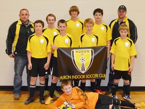 Huron FC is currently looking for players for a new U12 team. Shown here are some of the members of the U14 team, (left to right, back row) coach Rob Campbell, Reece Sparling, Nathan Haas, Tony Gerretsen, coach Matt Blysma (left to right, front row) James Black, Neil Martin, Jake McClure, Alex Campbell, laying at front, Connor Pullen. Absent are Liam Campbell and head coach Poncho Melo