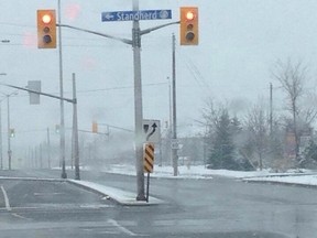 This photo, taken by Jennifer Perrier-Raina, shows a road sign along Standherd ... err Strandherd Dr., in south Ottawa. It was quickly fixed by the city after the image was circulated on Reddit.com. (Jennifer Perrier-Raina submitted photo)