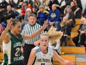 Fourth-year Concordia player and team co-captain Meagan McIntosh drives past a Lakeland defender during a game this season. (Supplied)