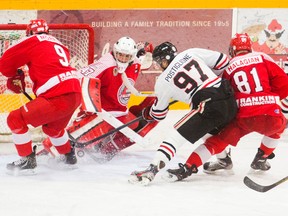 Jonathan Ilario (47) of the St. Catharines (Ont.) Falcons defends the net in first period action against the Thorold Blackhawks at the Thorold Arena on Wednesday, November 12, 2014. in Junior B action. (Julie Jocsak/St. Catharines Standard/QMI Agency)