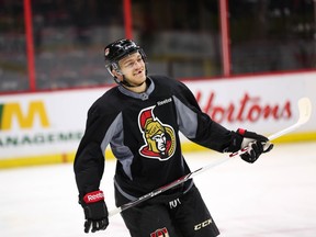 Senators defenceman Mark Borowiecki flashes a toothless grin during practice at the CTC Wednesday, Nov. 19. (CHRIS HOFLEY/OTTAWA SUN)