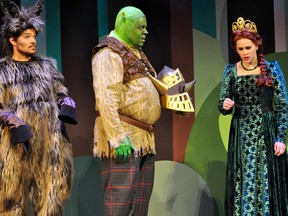 Troy Adams (as Donkey), Steve Ross (as Shrek) and Elicia MacKenzie (as Princess Fiona) rehearse a scene from Shrek The Musical at The Grand Theatre in London Ont. Nov. 19, 2014. CHRIS MONTANINI\LONDONER\QMI AGENCY