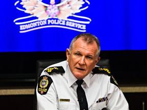 Edmonton Police Chief Rod Knecht chats with the media at Edmonton Police Service headquarters during his Coffee with the Chief sit down in Edmonton, Alta., on Wednesday, Nov. 19, 2014. Codie McLachlan/Edmonton Sun