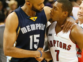 Vince Carter of the Grizzlies and Kyle Lowry shake hands after the Raptors beat Memphis 96-92 on Wednesday night at the ACC. (Stan Behal/Toronto Sun)